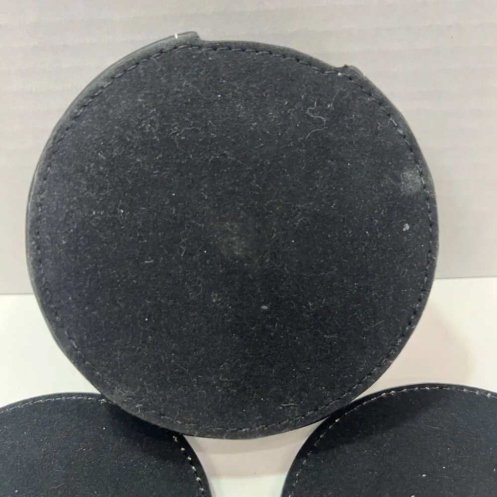Bonded Black Leather 4 Coaster Set With Holder Embossed HisCall White Stitching